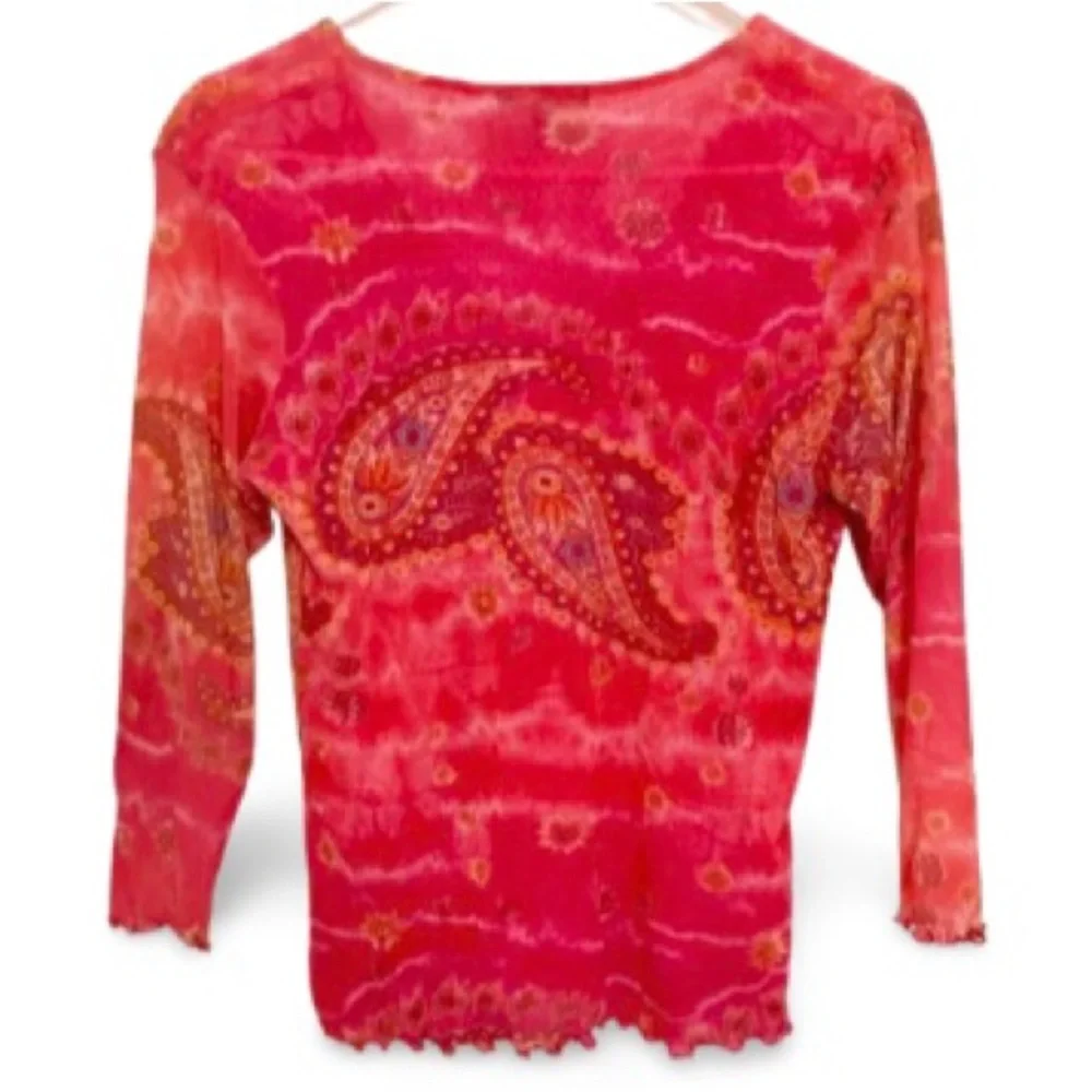 Therapy Pink Paisley V-Neck Long Sleeve Blouse With Mesh Lettuce Hem - Size L - Picture 3 of 8